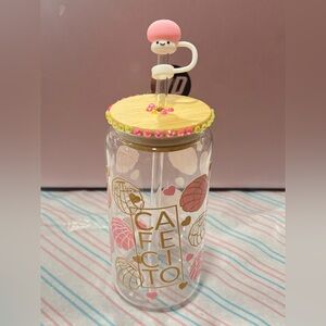 Decorative Glass Tumbler with Straw and Bamboo Lid